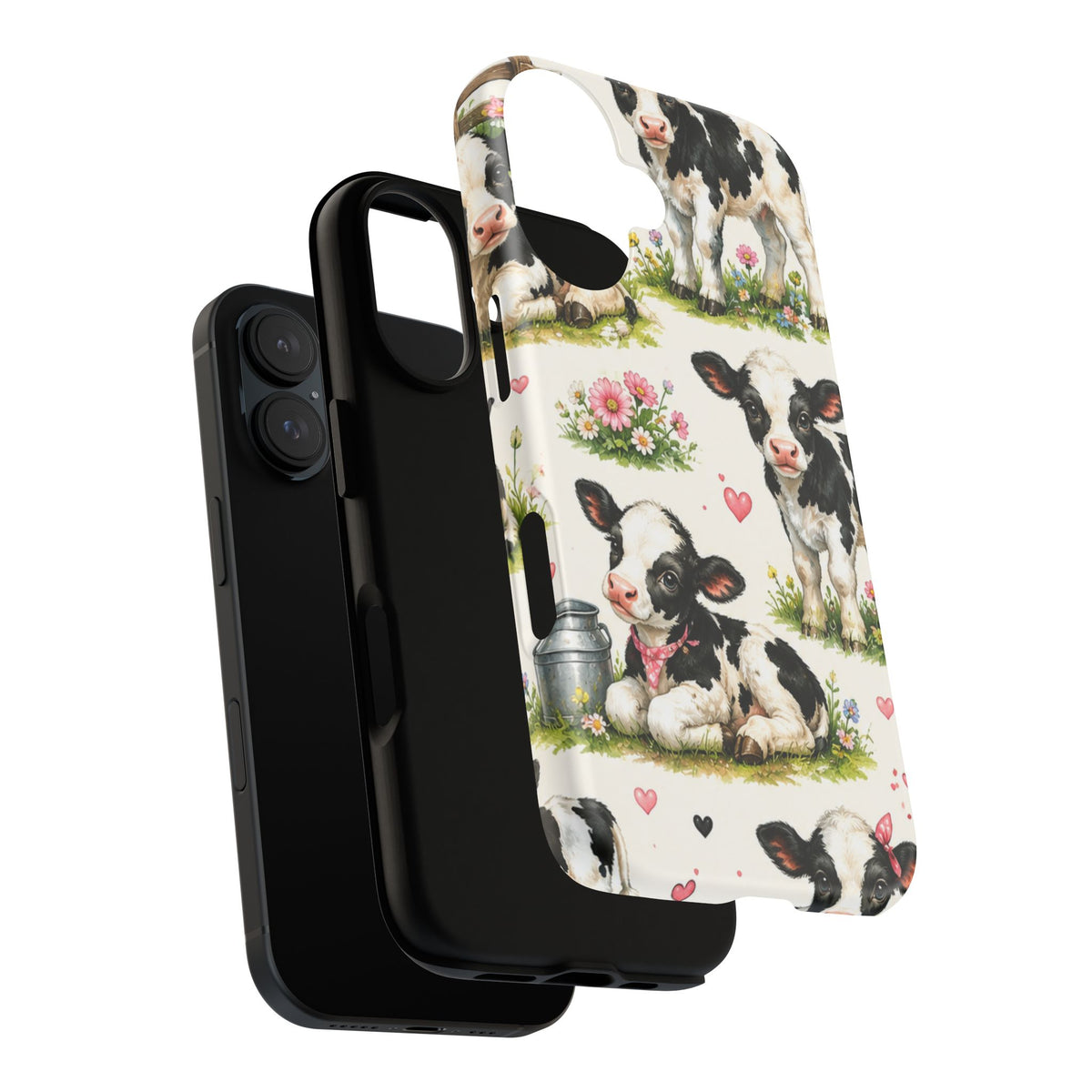 Cute Calf Pattern Phone Case – Pastel Cow Hearts & Flowers Protective Cover