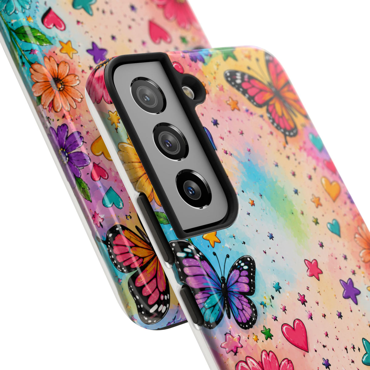 Colorful Butterflies and Flowers Tough Phone Case | Rainbow Hearts Stars