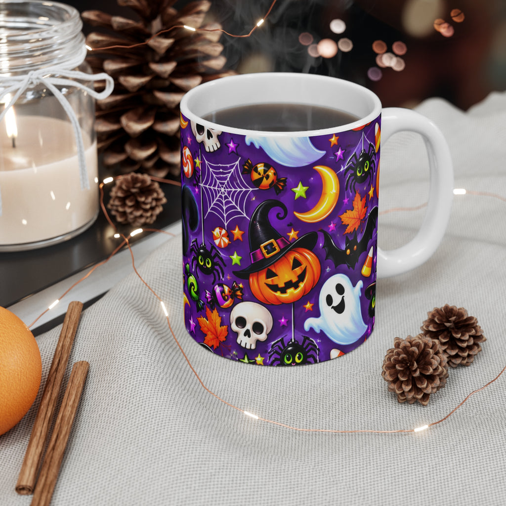 Halloween Pattern Coffee Mug — Cute Black Cats, Ghosts & Candy 11oz