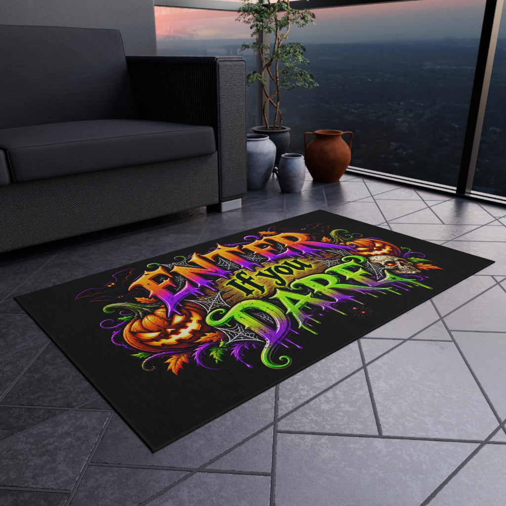 Outdoor Rug — "Enter If You Dare" Halloween Doormat with Pumpkins & Skull
