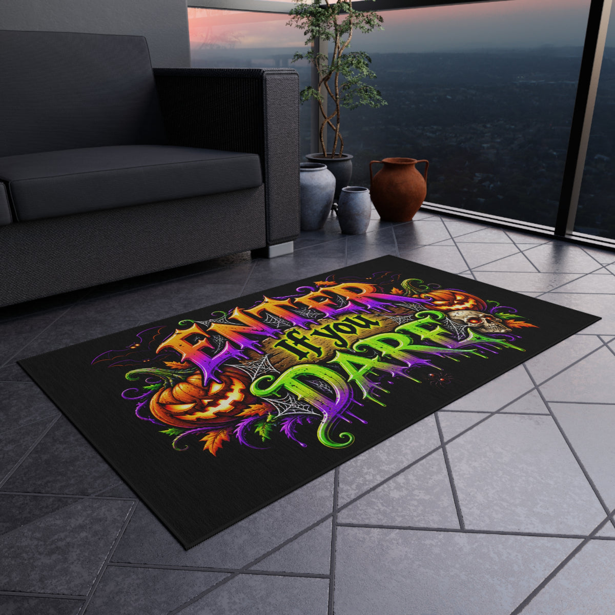 Outdoor Rug — "Enter If You Dare" Halloween Doormat with Pumpkins & Skull