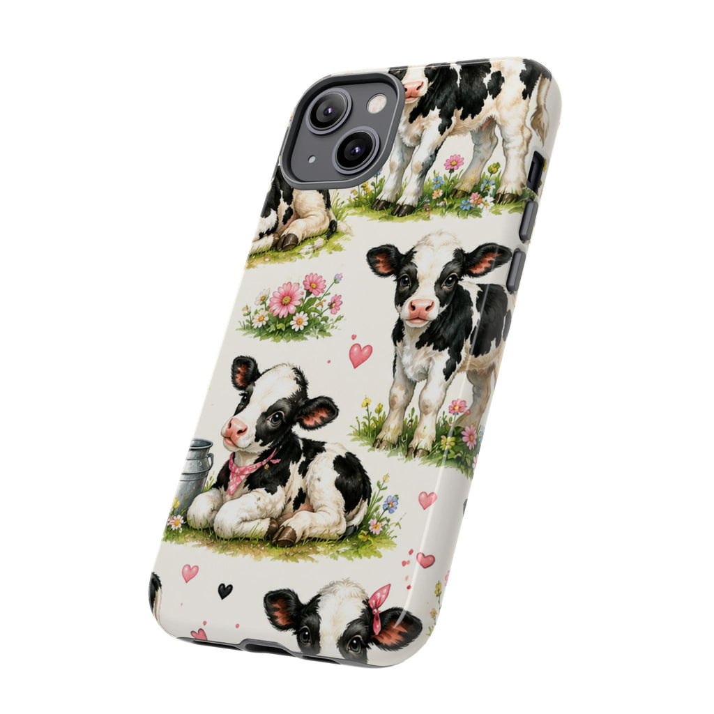 Cute Calf Pattern Phone Case – Pastel Cow Hearts & Flowers Protective Cover