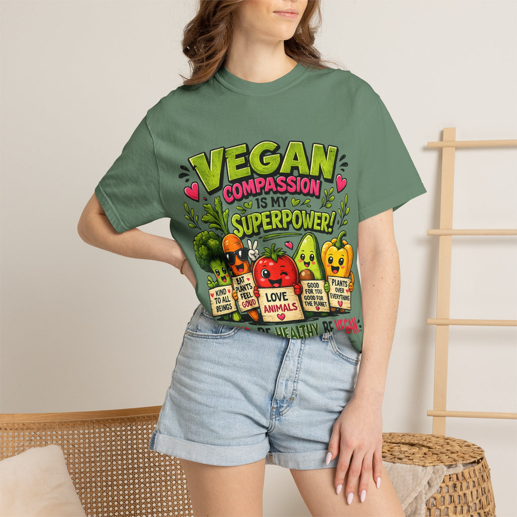 Vegan Compassion Is My Superpower T-shirt | Cute Veggie Characters