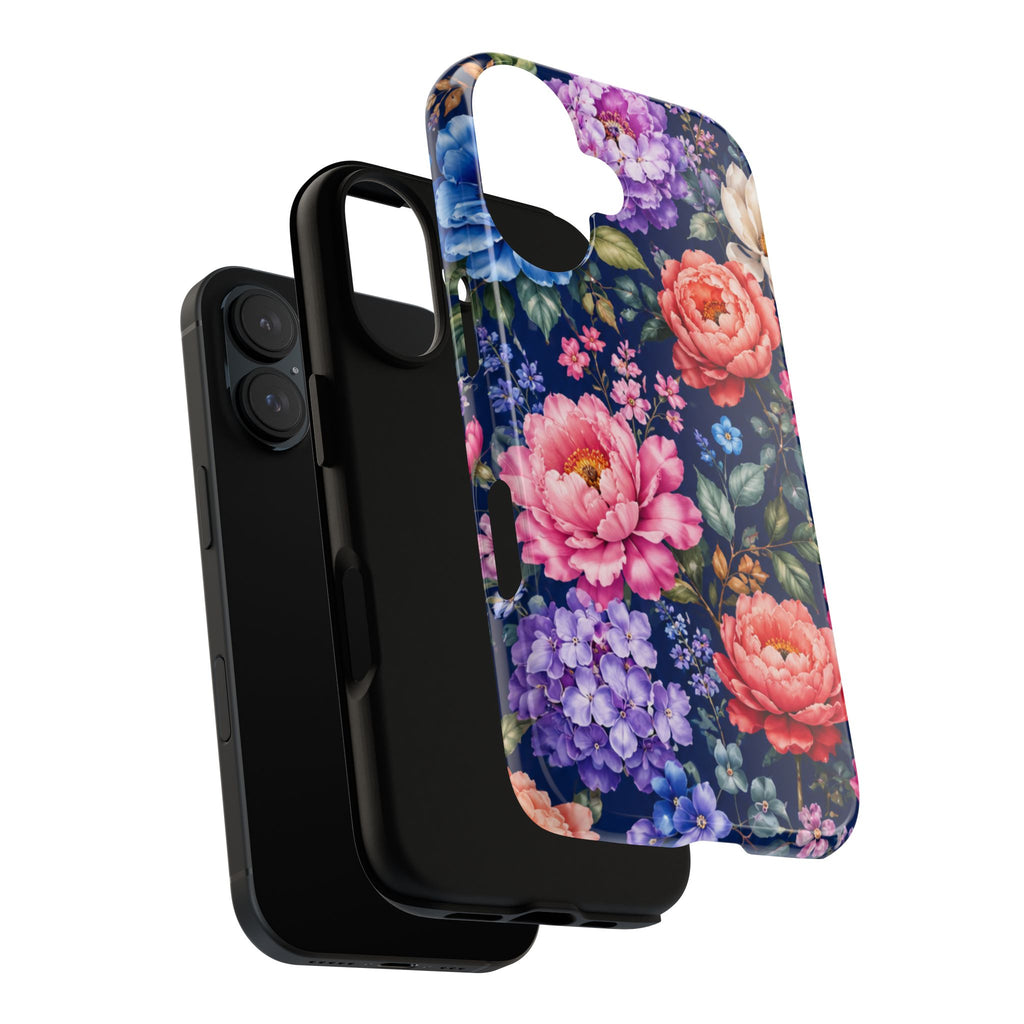 Floral Tough Phone Case – Vibrant Garden Flowers on Navy