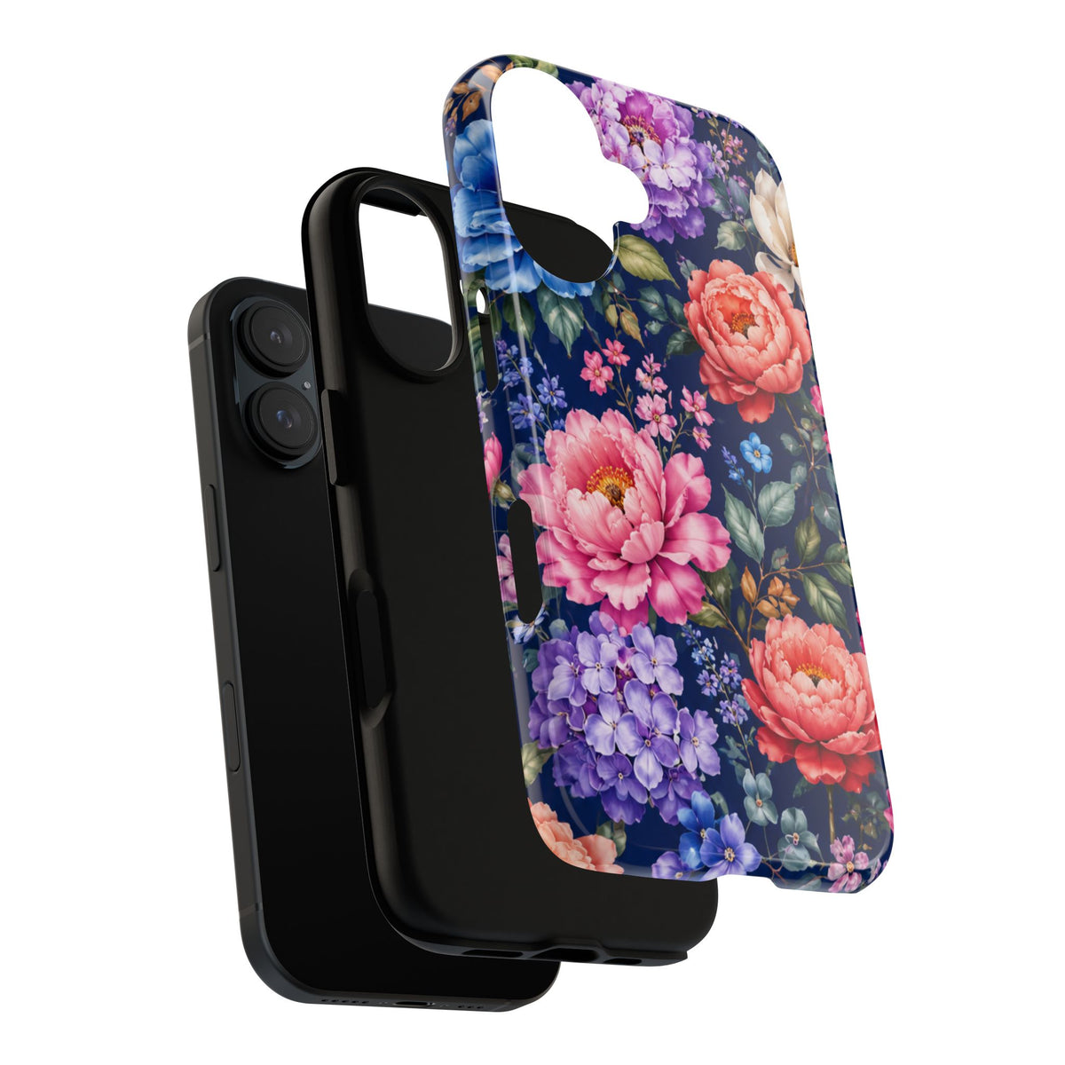 Floral Tough Phone Case – Vibrant Garden Flowers on Navy