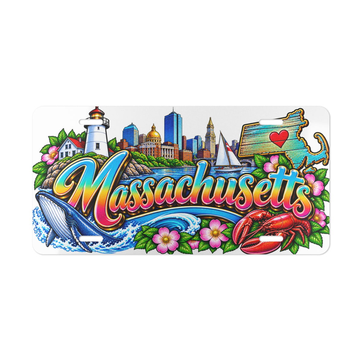 Massachusetts Scenic Vanity Plate | State Map, Lighthouse, Whale, Crab
