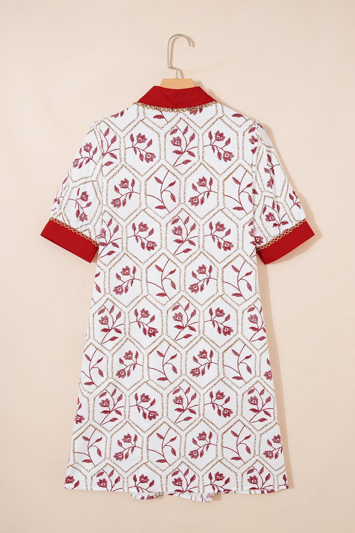 Floral Geometric Lace Trim Collared Mini Dress