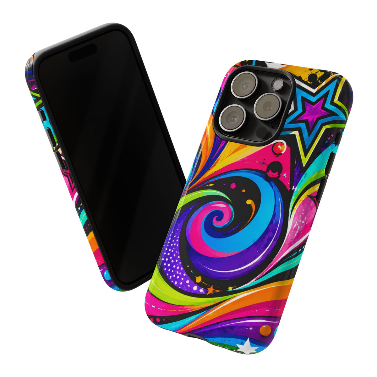 Psychedelic Swirl Phone Case — Bold Retro Stars & Neon Pop Art Tough Case