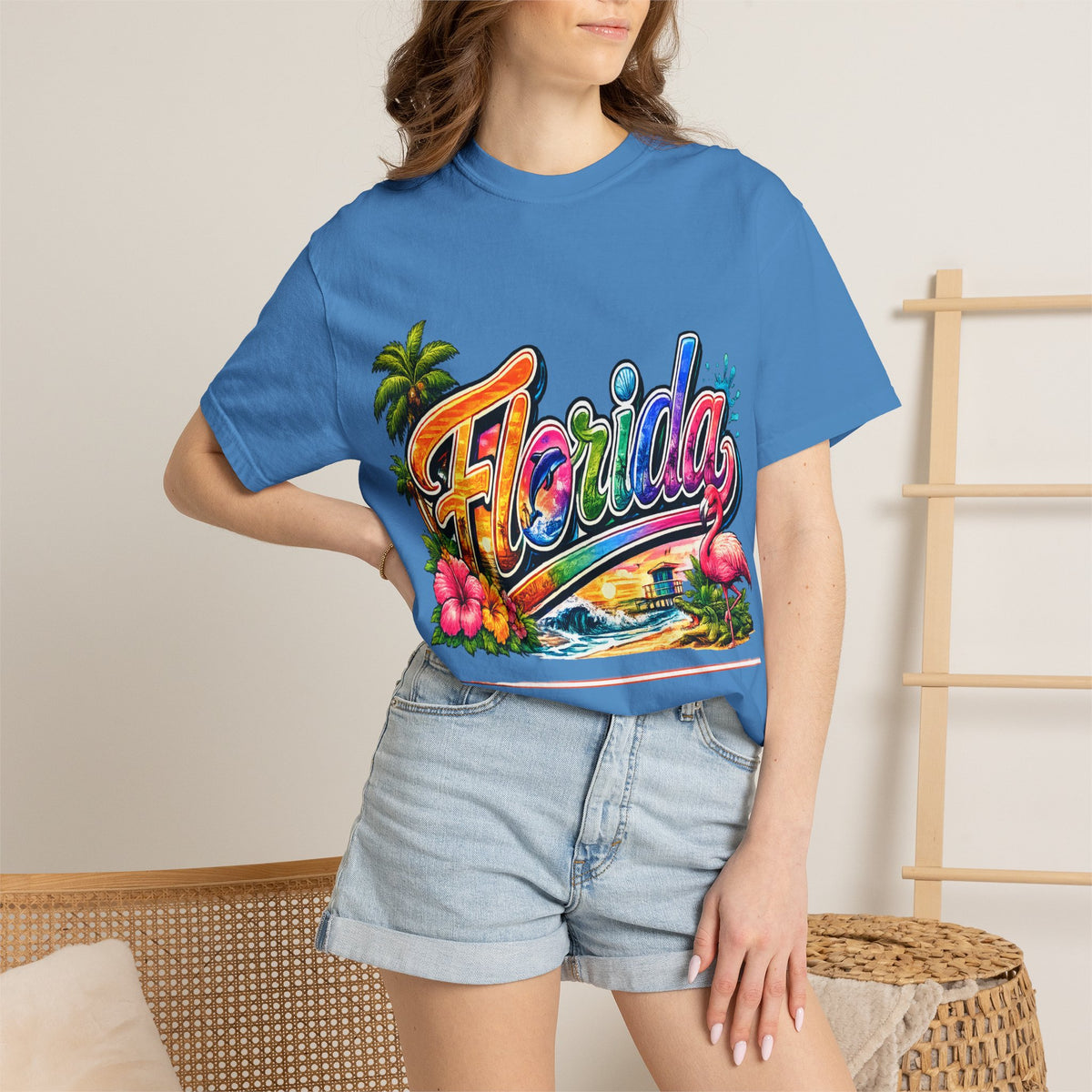Florida Retro Palm Beach Sunset T-Shirt | Flamingo Hibiscus