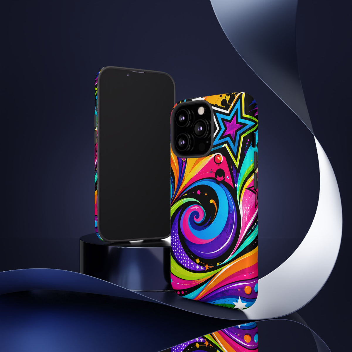Psychedelic Swirl Phone Case — Bold Retro Stars & Neon Pop Art Tough Case