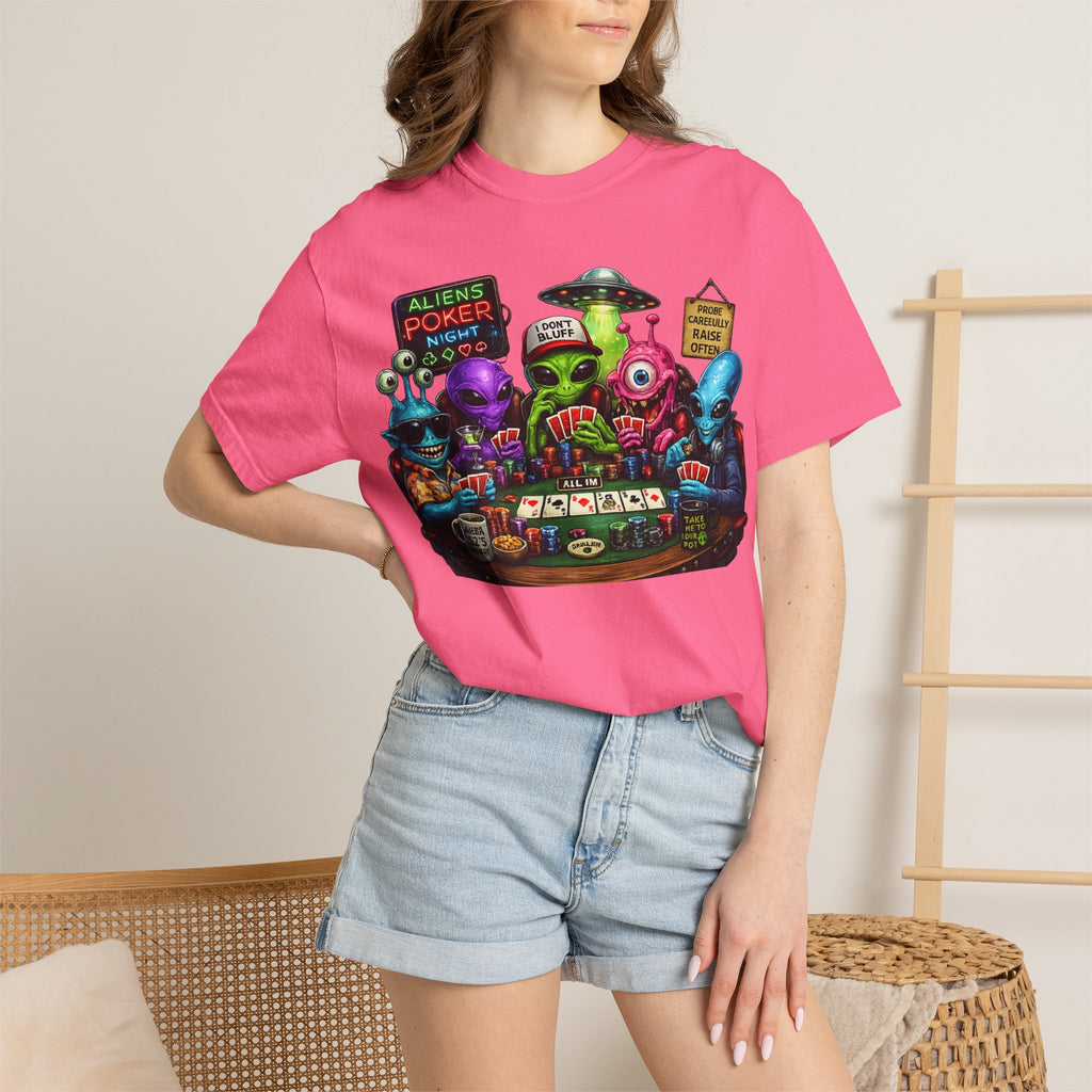 Aliens Poker Night T-shirt | Funny UFO Casino Card Game Design