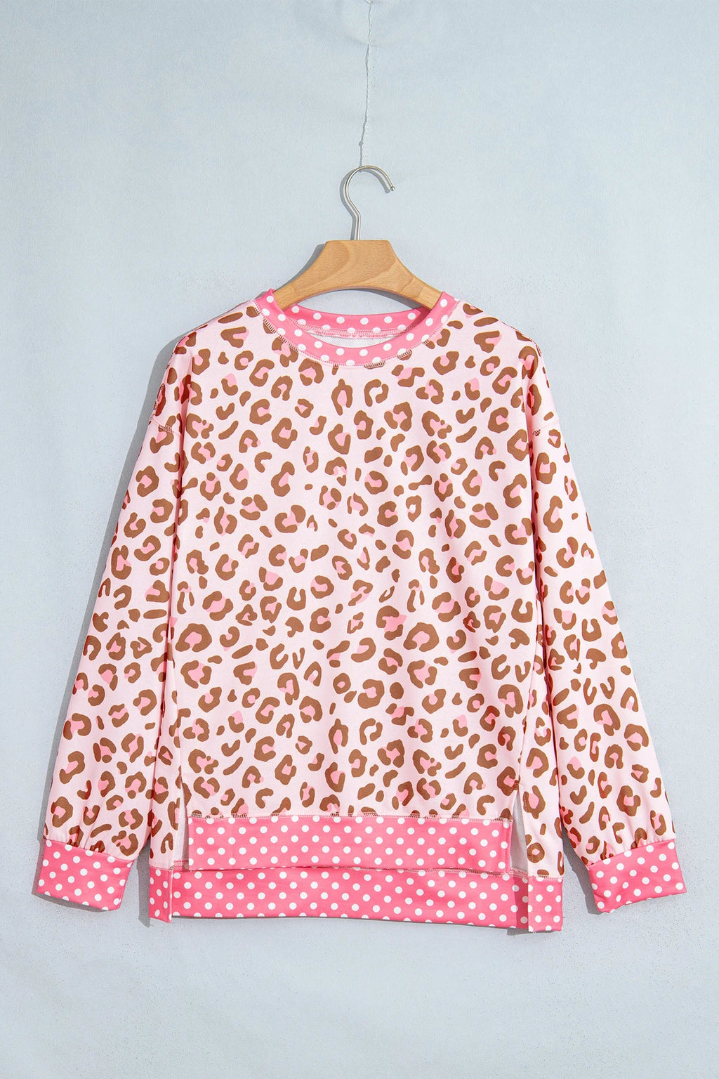 Leopard Polka Dot Colorblock Trim Long Sleeve Top
