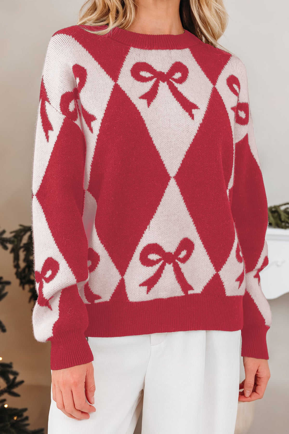 Bow Colorblock Rhombus Drop Shoulder Sweater