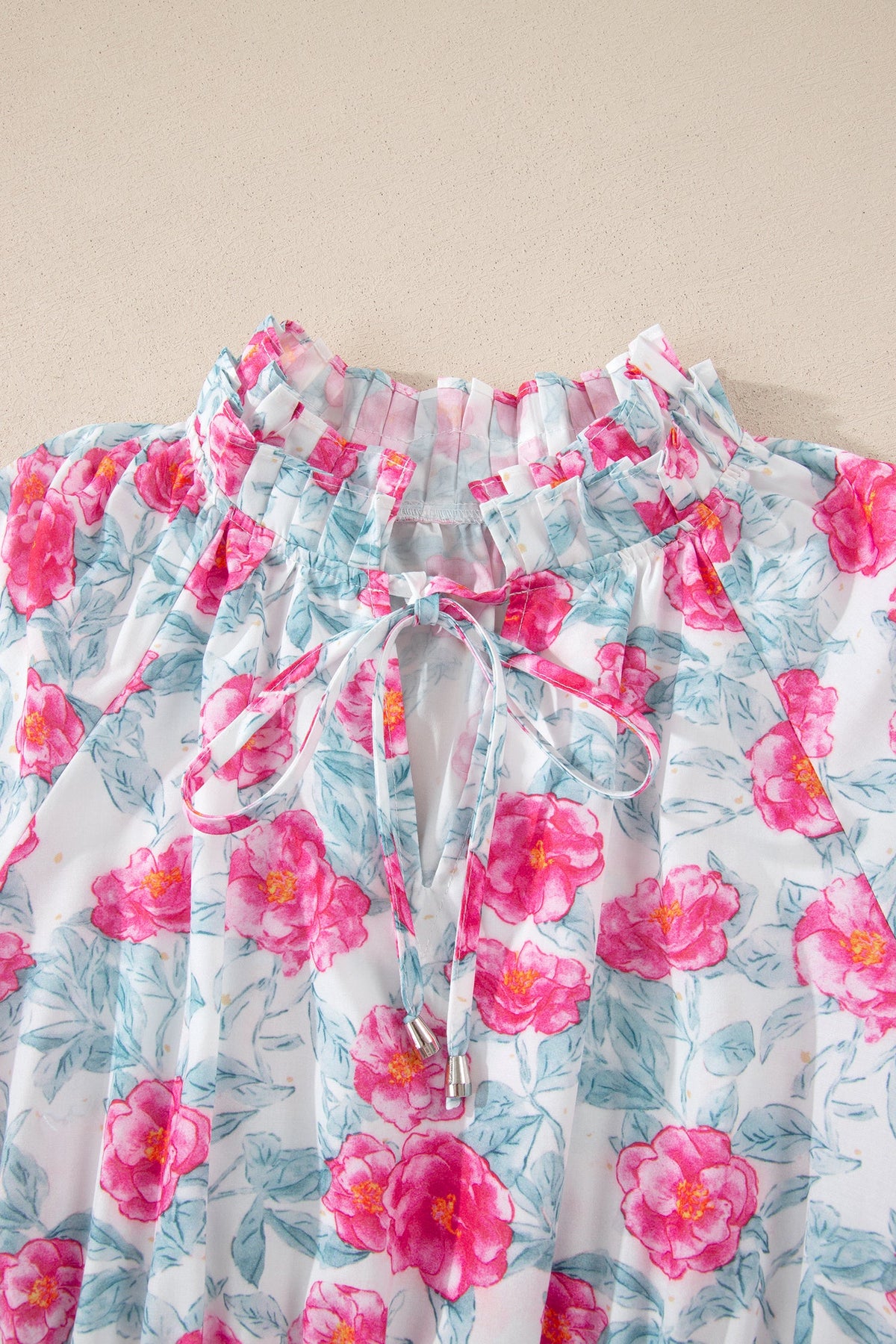 Floral Tie V-Neck Puff Sleeve Midi Dress