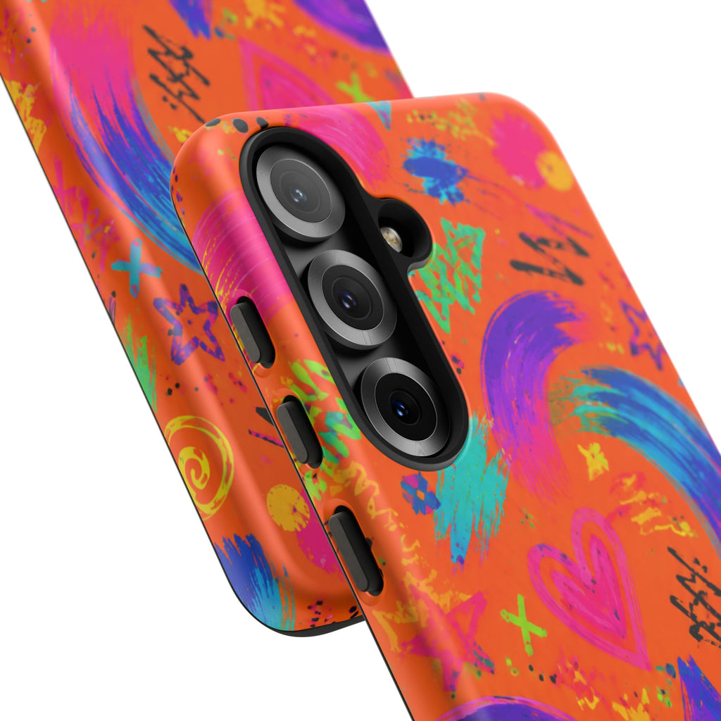 Colorful Neon Doodle Phone Case — Bright Abstract Stars & Hearts Tough Case