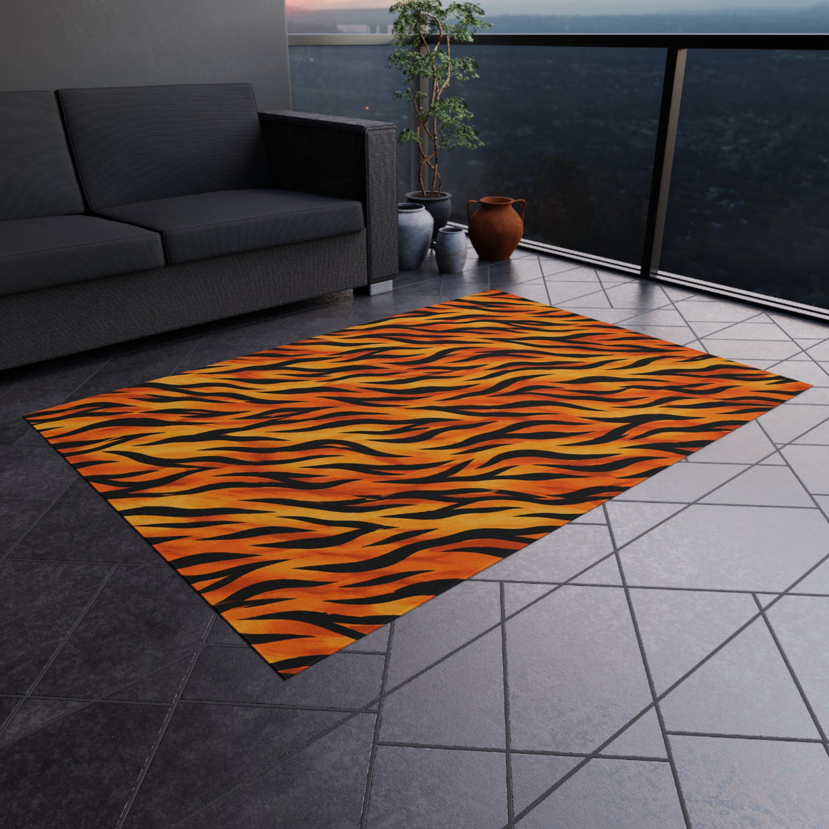 Tiger Stripe Outdoor Rug — Bold Orange Animal Print Patio Mat