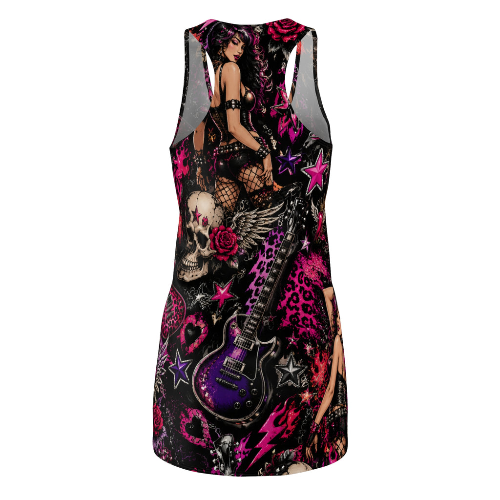 Rockabilly Pinup Racerback Dress — Gothic Skull & Guitar All-Over Print