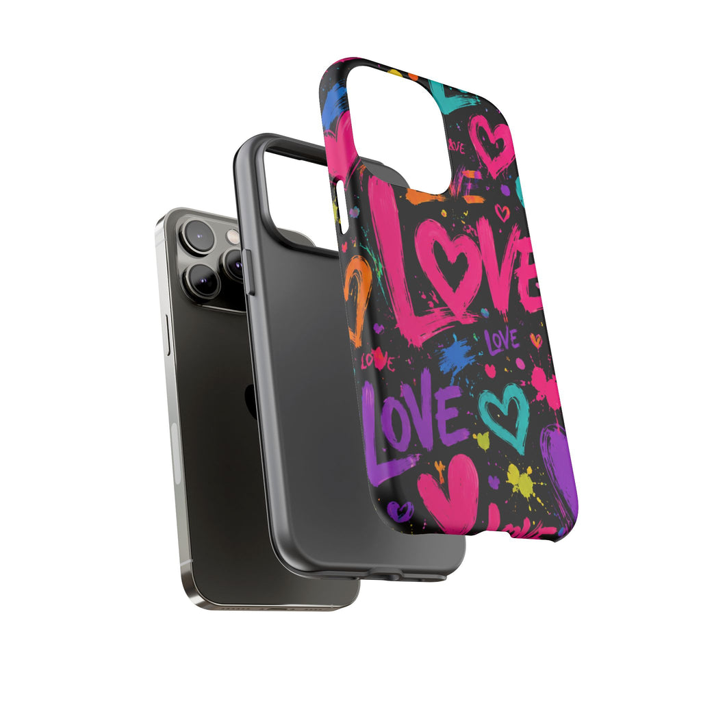 Phone Case — Neon Graffiti "Love" Hearts Protective Tough Case