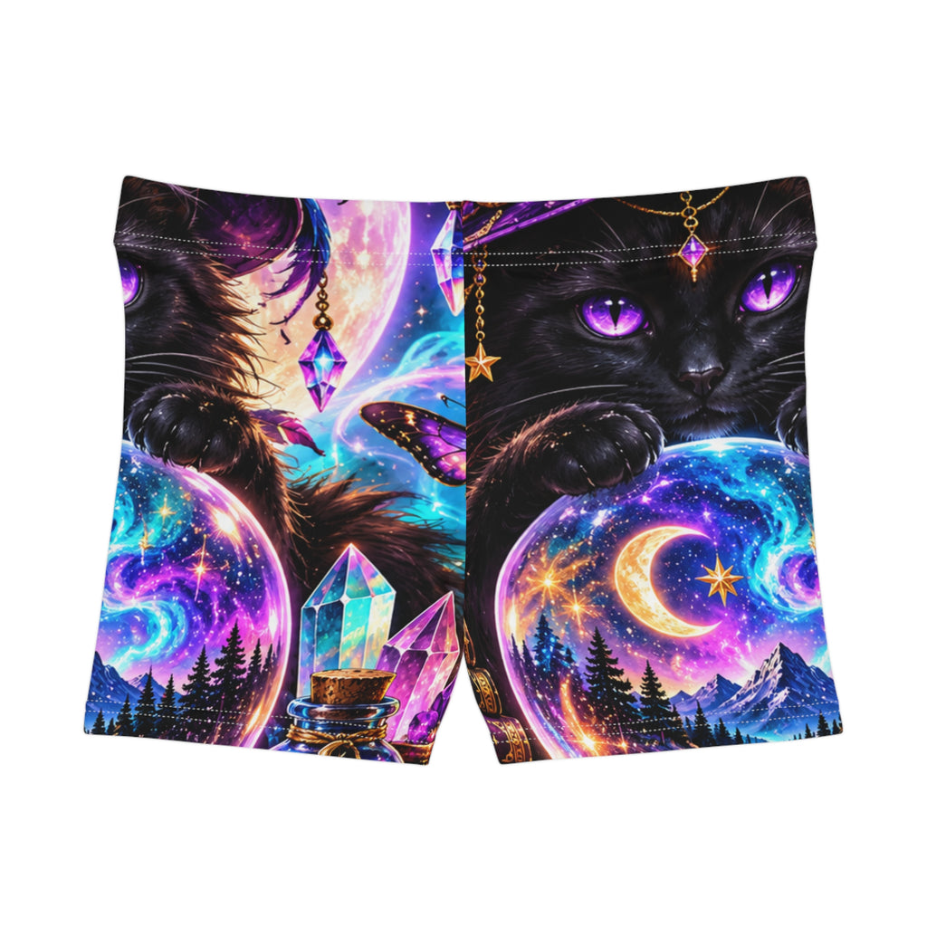Mystic Cat Galaxy Shorts — Celestial Crystal & Moon Women's AOP Shorts