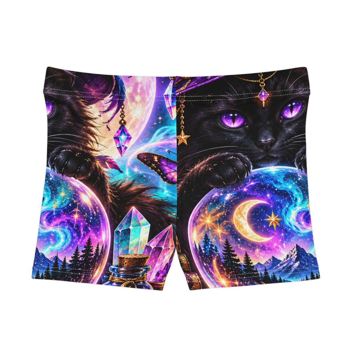 Mystic Cat Galaxy Shorts — Celestial Crystal & Moon Women's AOP Shorts