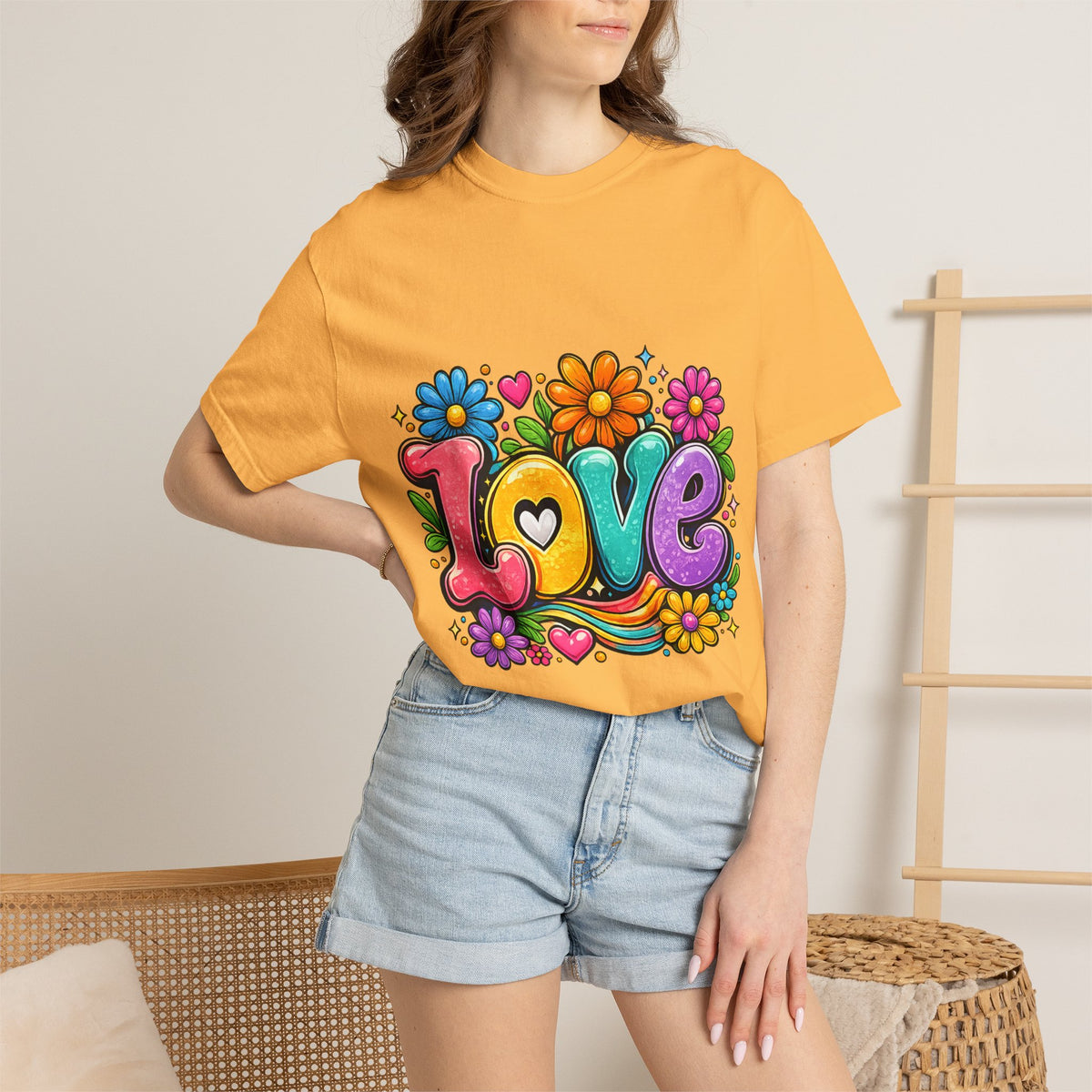 Retro Floral "Love" Design T-shirt | Colorful 70s Heart Typography