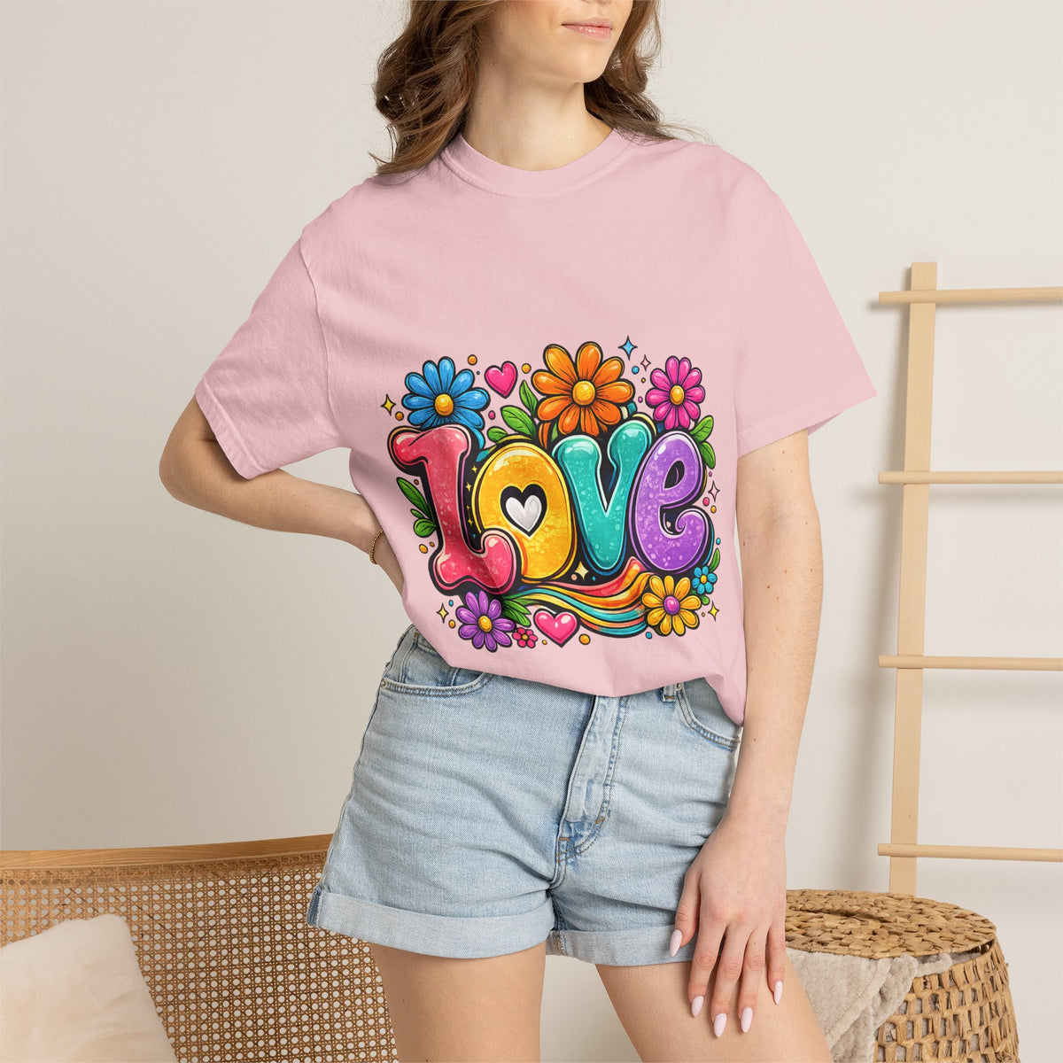 Retro Floral "Love" Design T-shirt | Colorful 70s Heart Typography