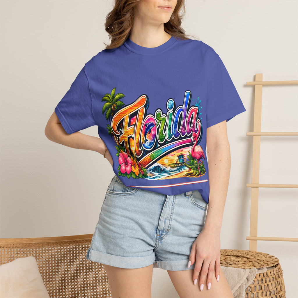 Florida Retro Palm Beach Sunset T-Shirt | Flamingo Hibiscus