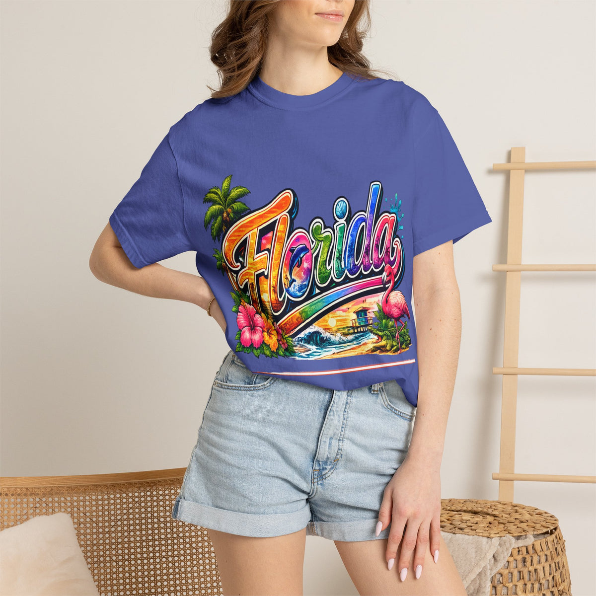 Florida Retro Palm Beach Sunset T-Shirt | Flamingo Hibiscus