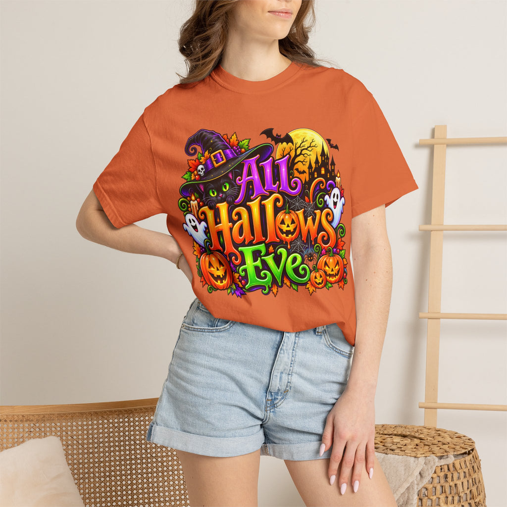 All Hallows Eve Halloween T-Shirt — Colorful Witch, Pumpkins & Ghosts Design