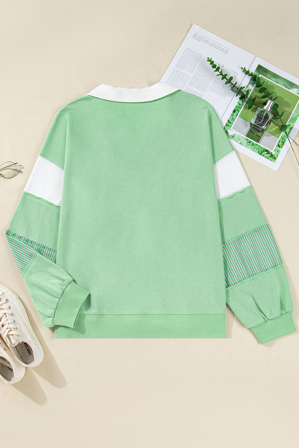 Plus Size Colorblock Stripe Patchwork Collared V-Neck Sweatshirt