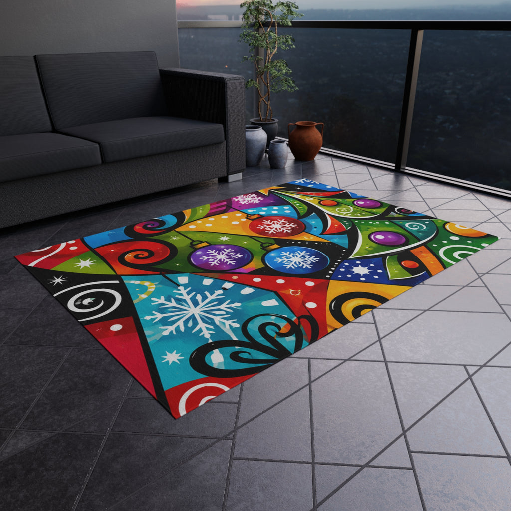 Festive Christmas Outdoor Rug — Colorful Holiday Tree & Ornaments Doormat