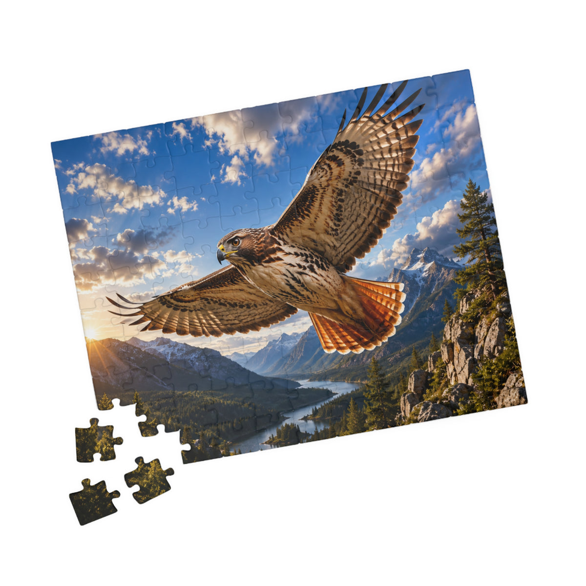 Red-Tailed Hawk Scenic Jigsaw Puzzle — Mountain Lake Nature Puzzle (110/252/520/1014 pcs)