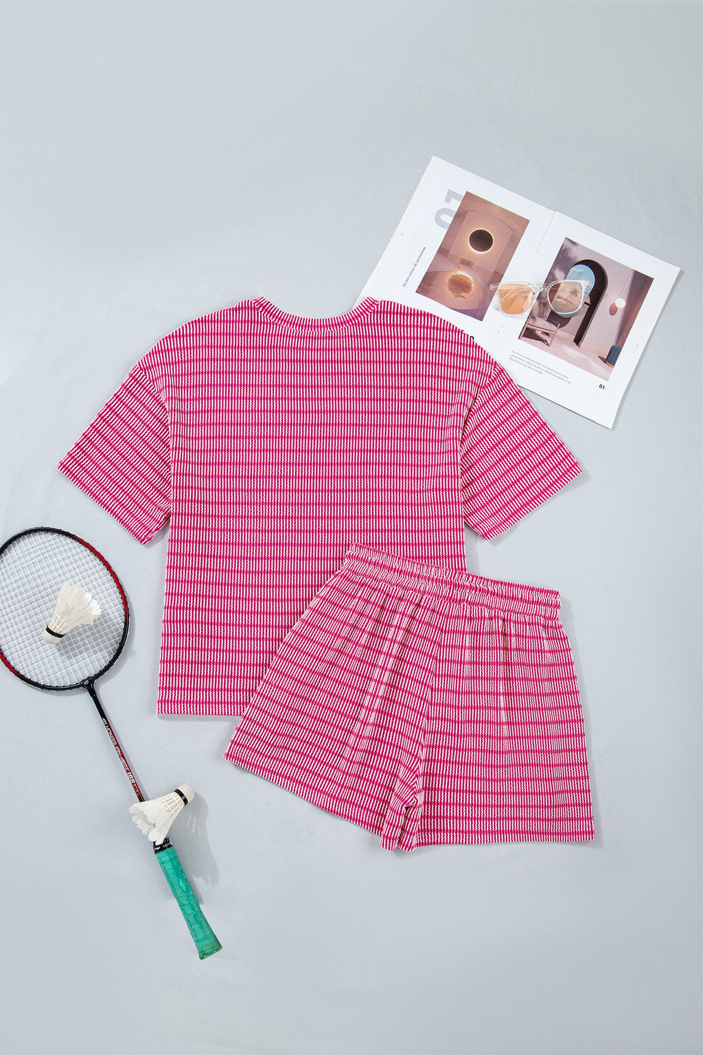 Stripe Corded Knit Tee & Drawstring Short Set