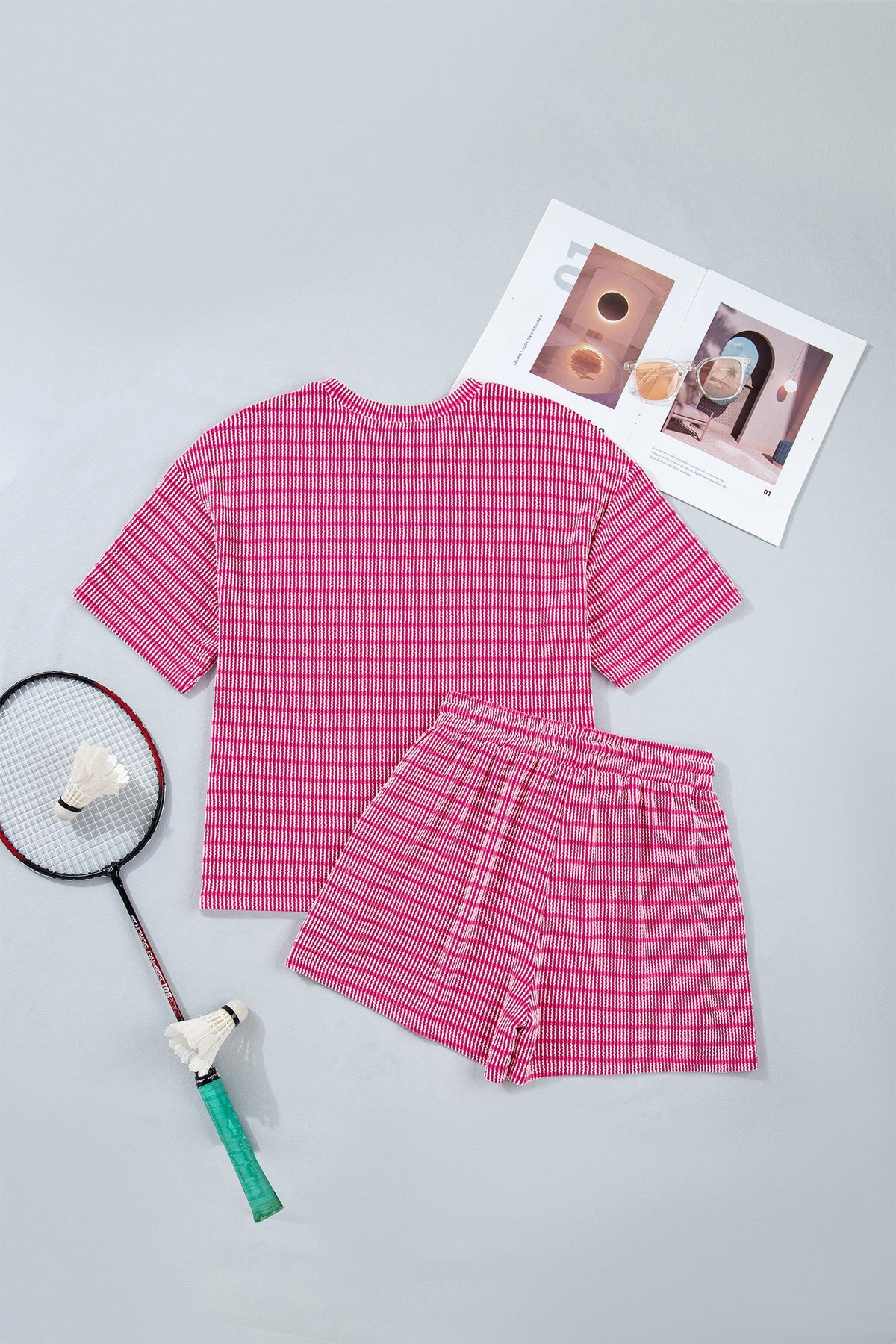 Stripe Corded Knit Tee & Drawstring Short Set
