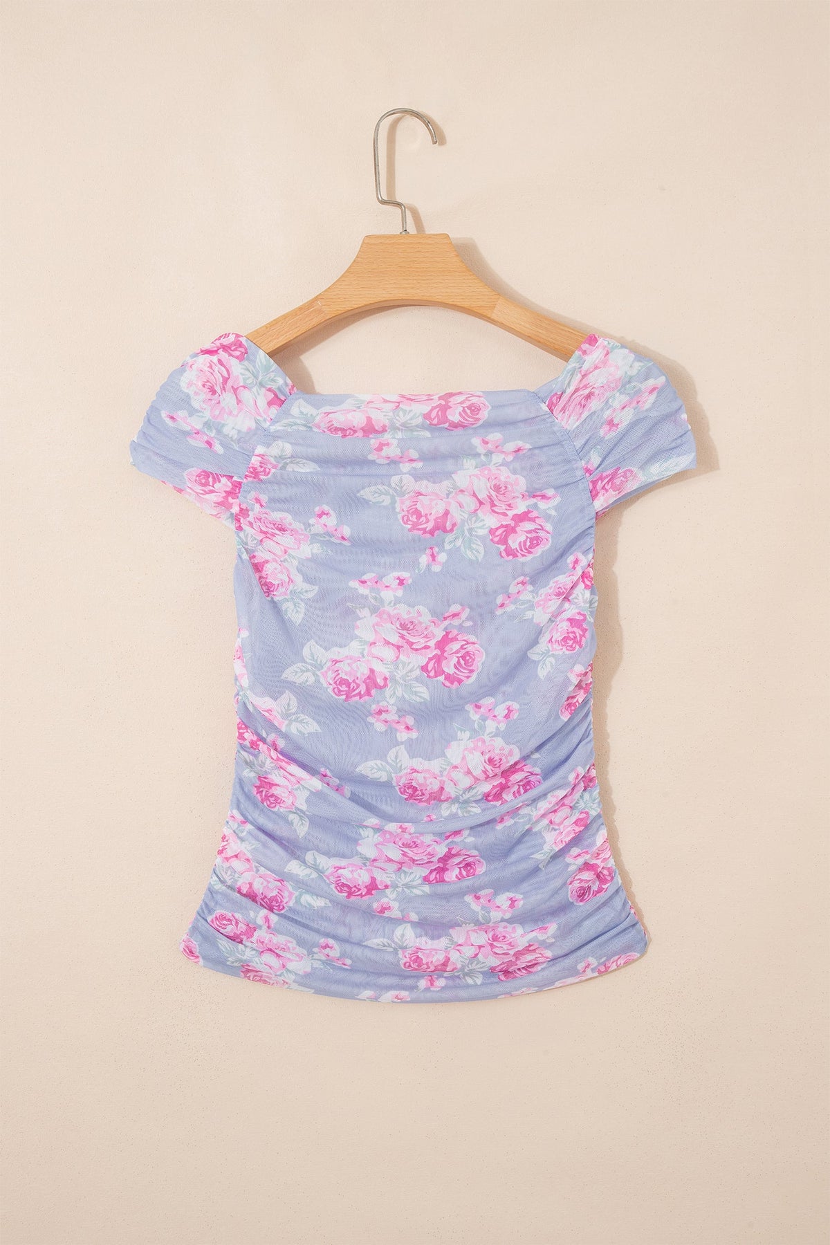 Floral Mesh Square Neck Cap Sleeve Ruched Top