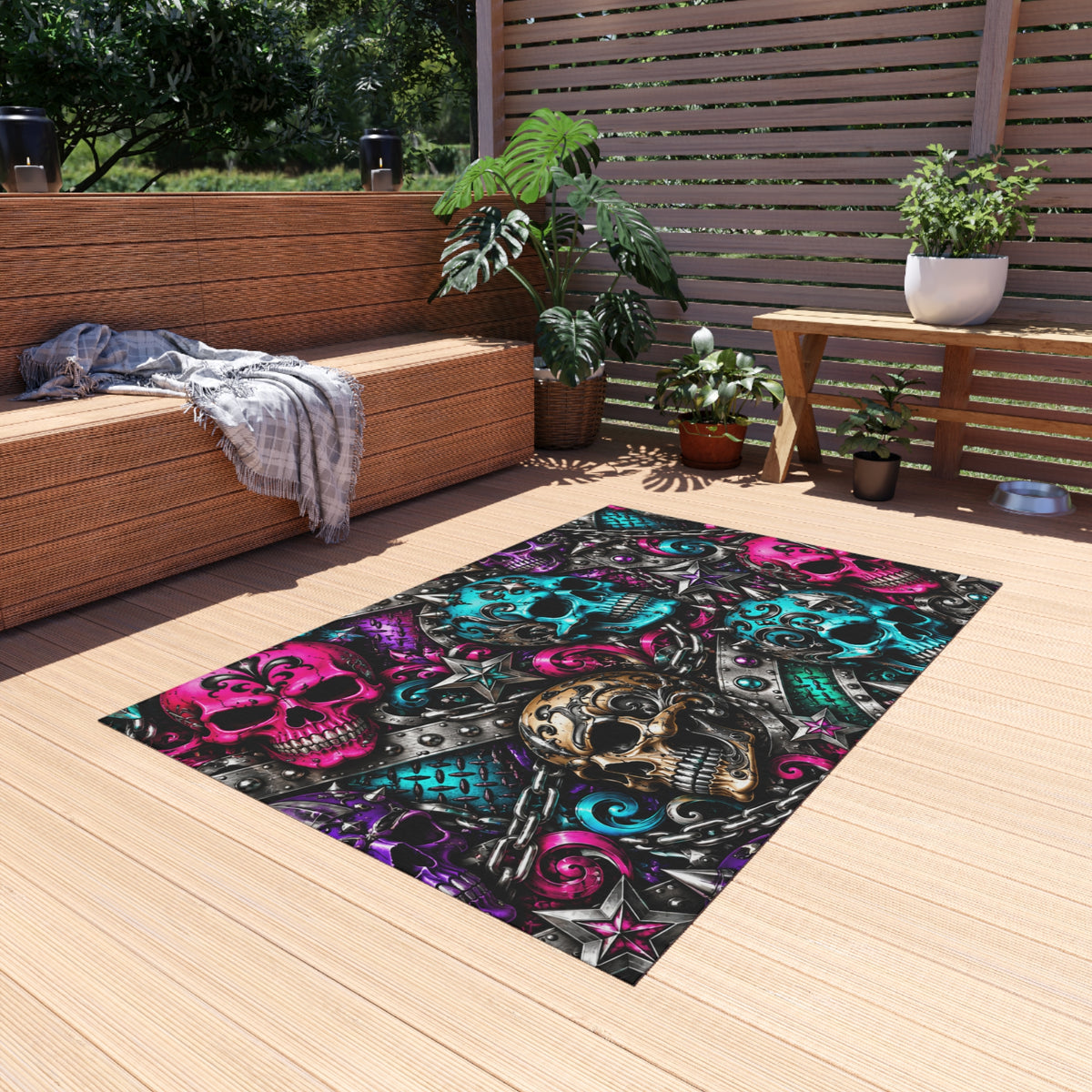 Skull Mosaic Outdoor Rug — Colorful Gothic Skull Pattern Doormat