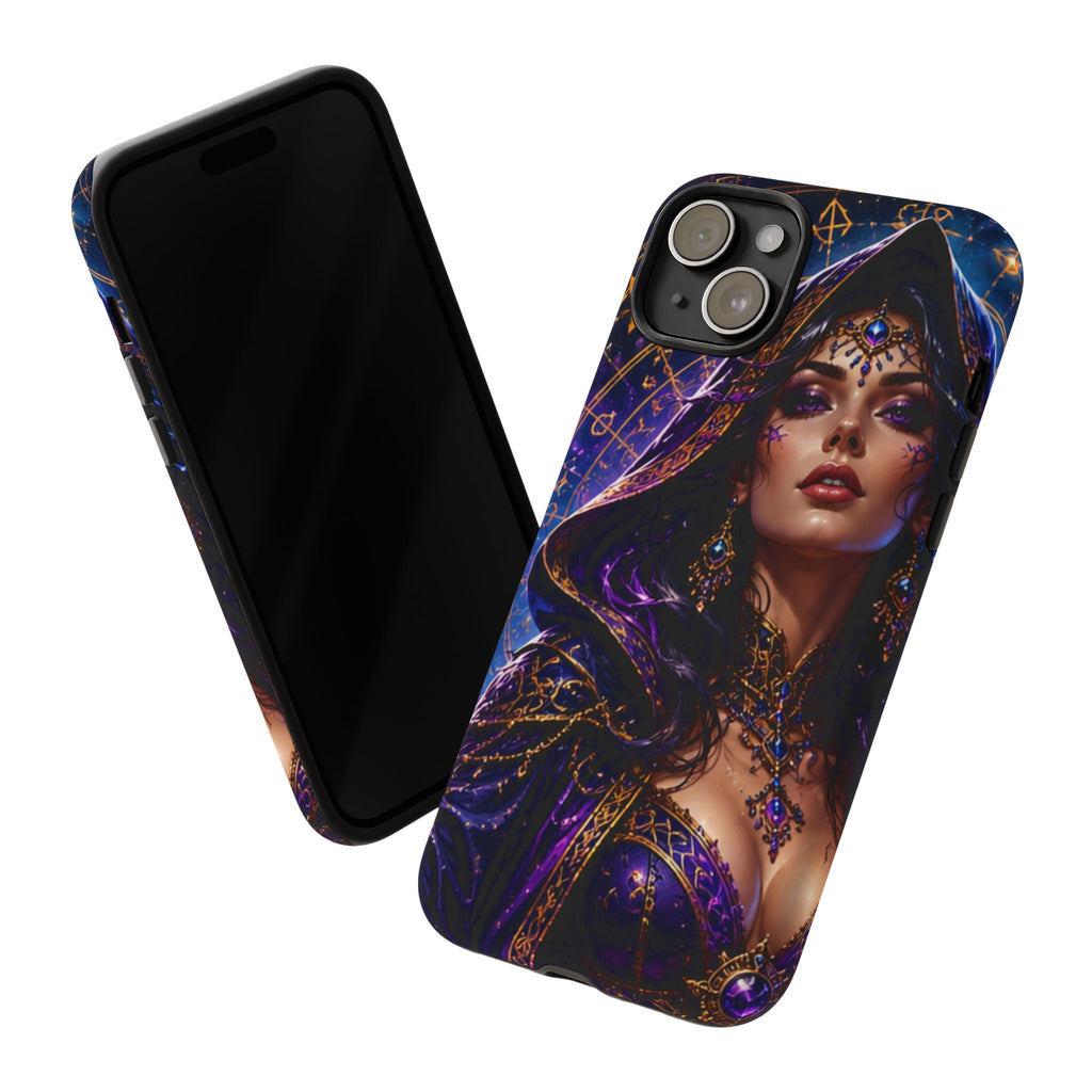 Phone Case — Mystical Sorceress Art Protective Tough Case (Astrology, Purple Hooded Witch)