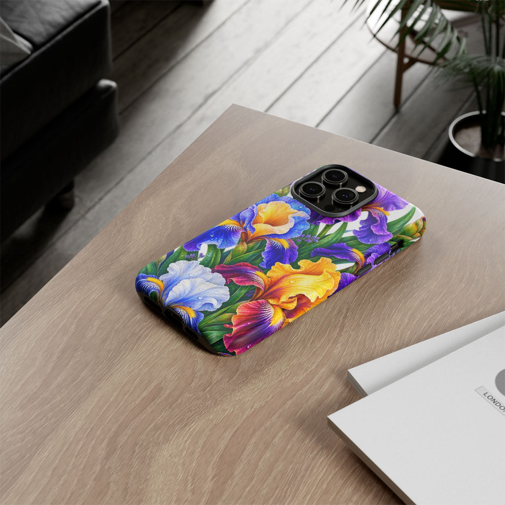 Floral Iris Tough Phone Case — Colorful Watercolor Iris Protective Cover