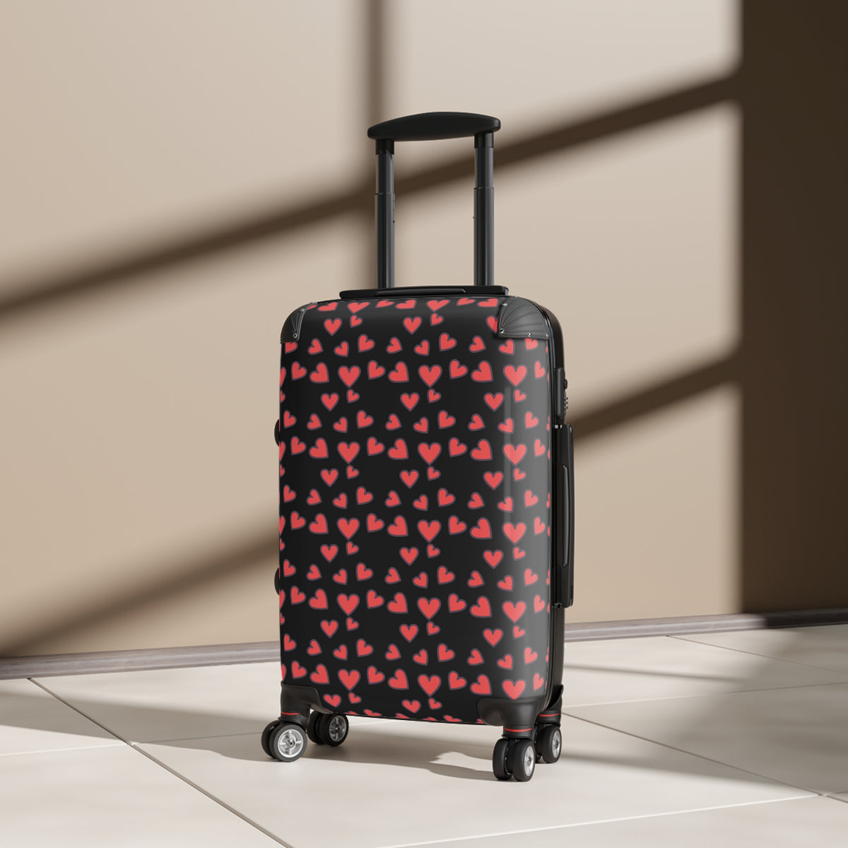 Heart Pattern Carry-On Suitcase — Romantic Red Hearts on Black Travel Luggage