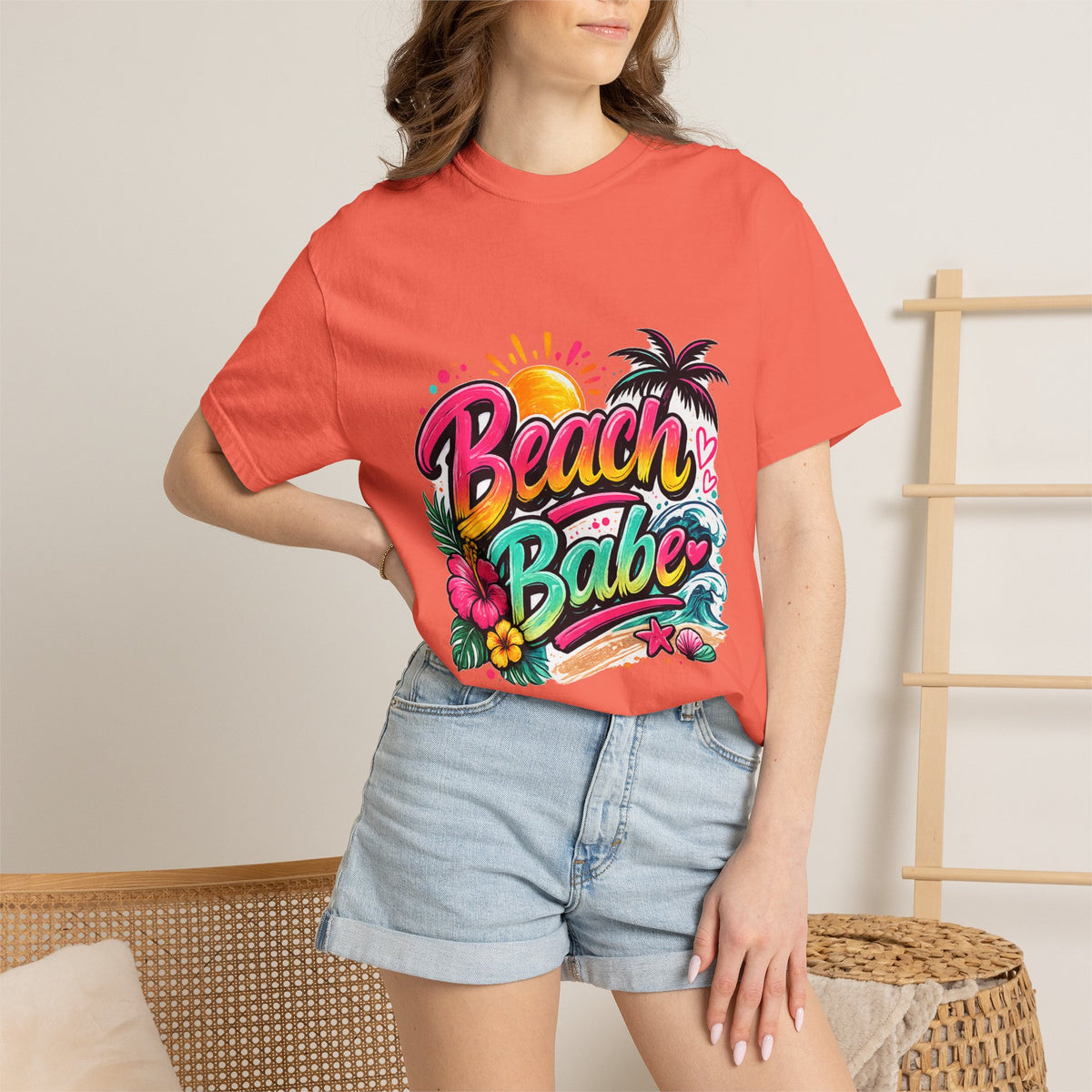 Beach Babe T-shirt | Tropical Palm Hibiscus Sunset Design