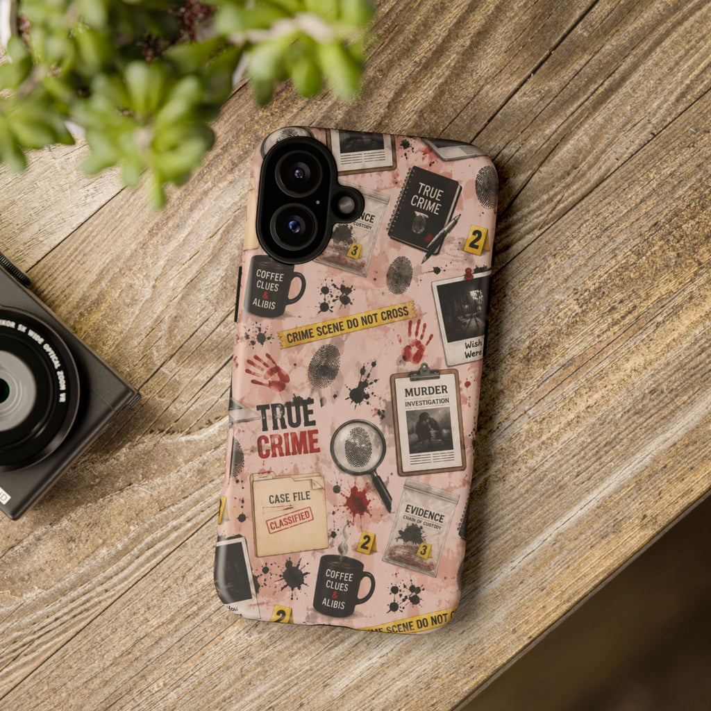 True Crime Pattern Phone Case – Detective Evidence, Crime Scene Tape & 'True Crime' Design