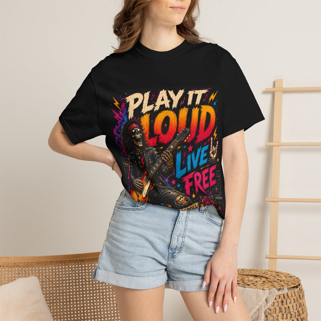 Play It Loud Live Free T-shirt | Rock Guitar Skeleton Design