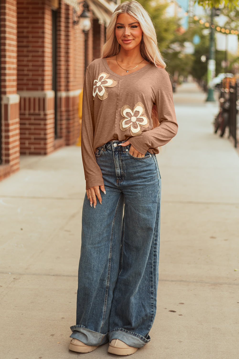 Floral Patchwork V-Neck Long Sleeve Top