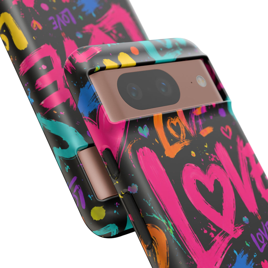 Phone Case — Neon Graffiti "Love" Hearts Protective Tough Case