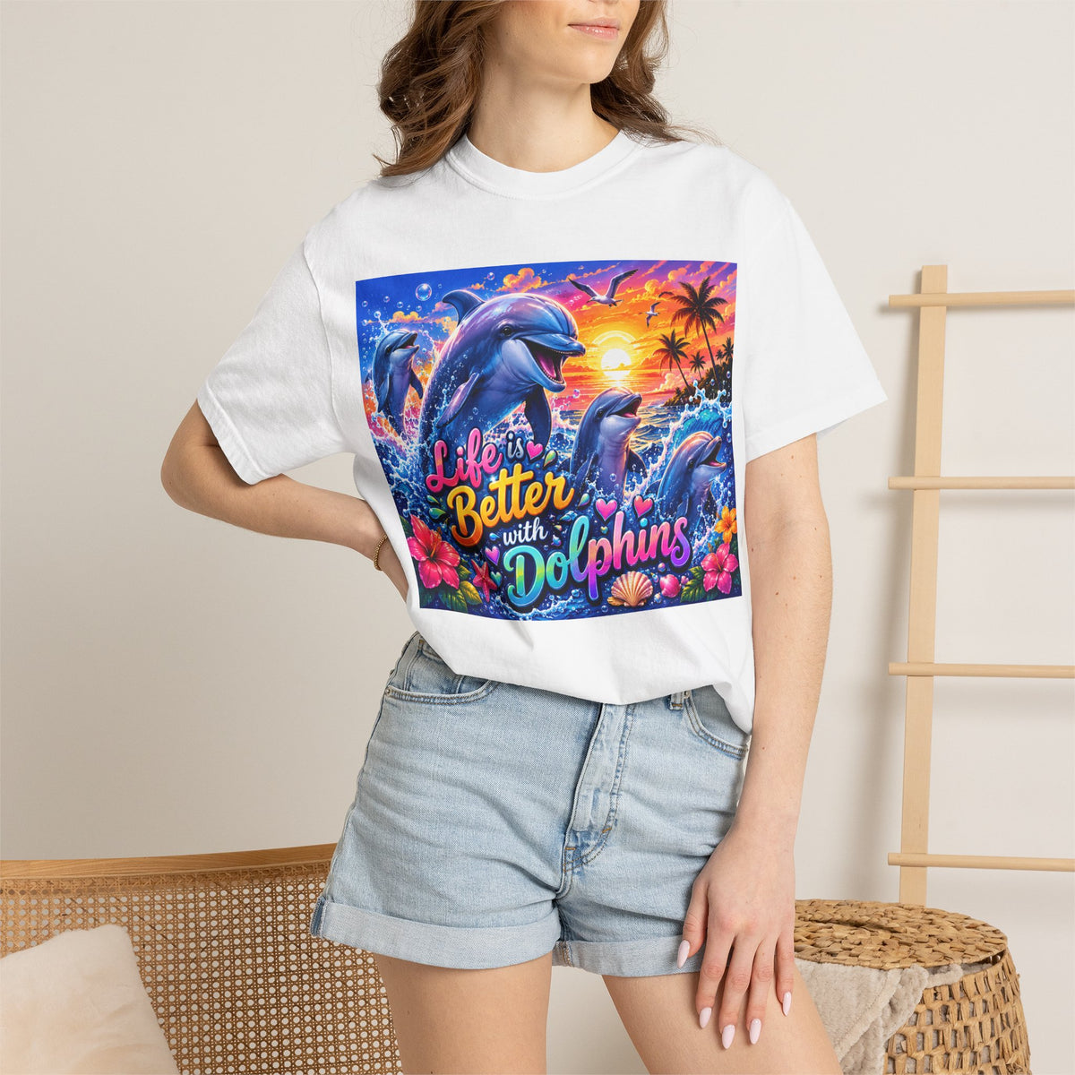 Life Is Better with Dolphins T-shirt | Sunset Dolphin Beach Graphic