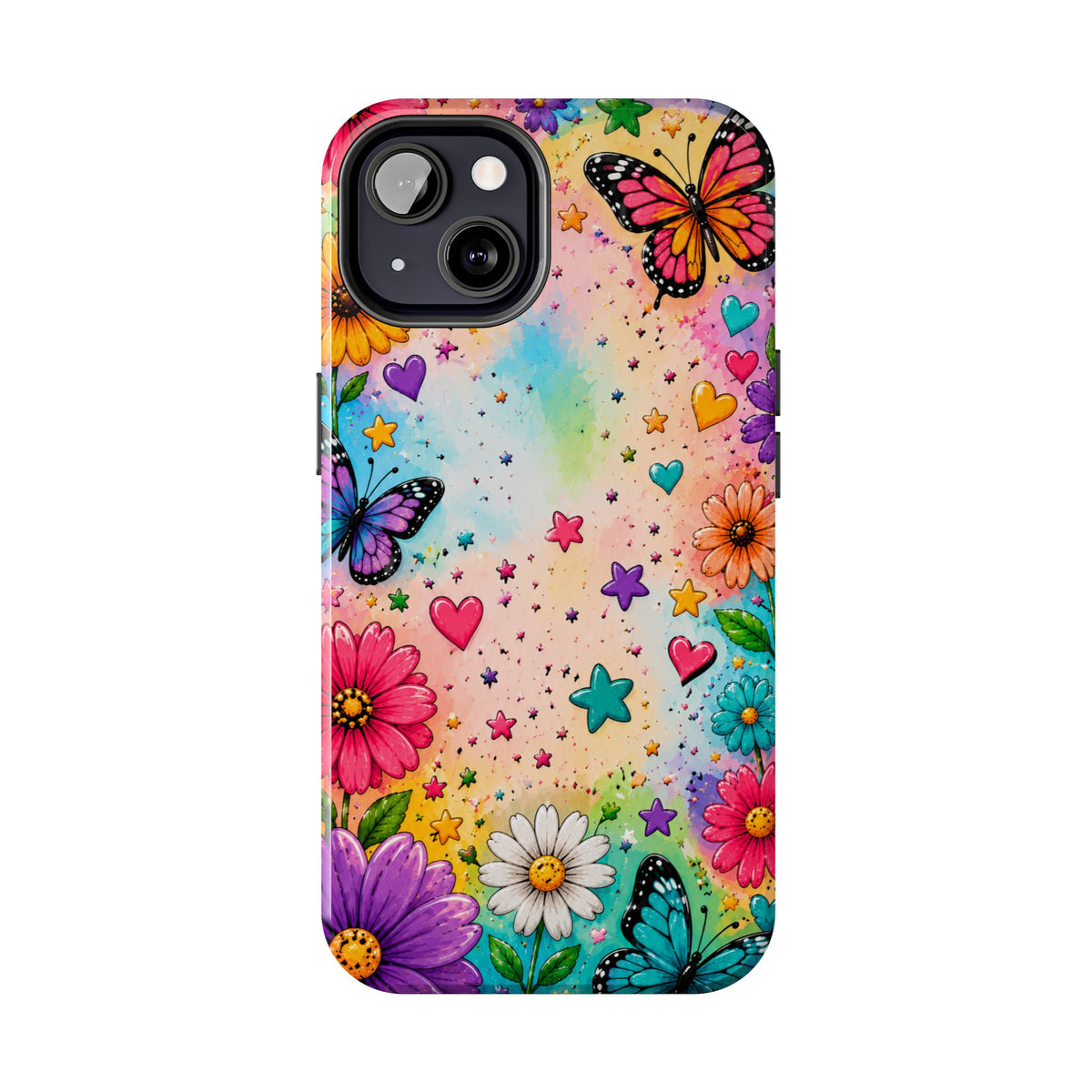 Colorful Butterflies and Flowers Tough Phone Case | Rainbow Hearts Stars