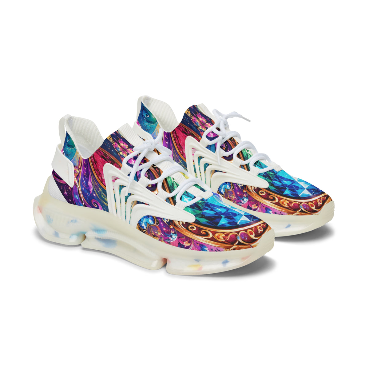 Women's Colorful Gem Mosaic Mesh Sneakers — Vibrant Pattern Athletic Shoes