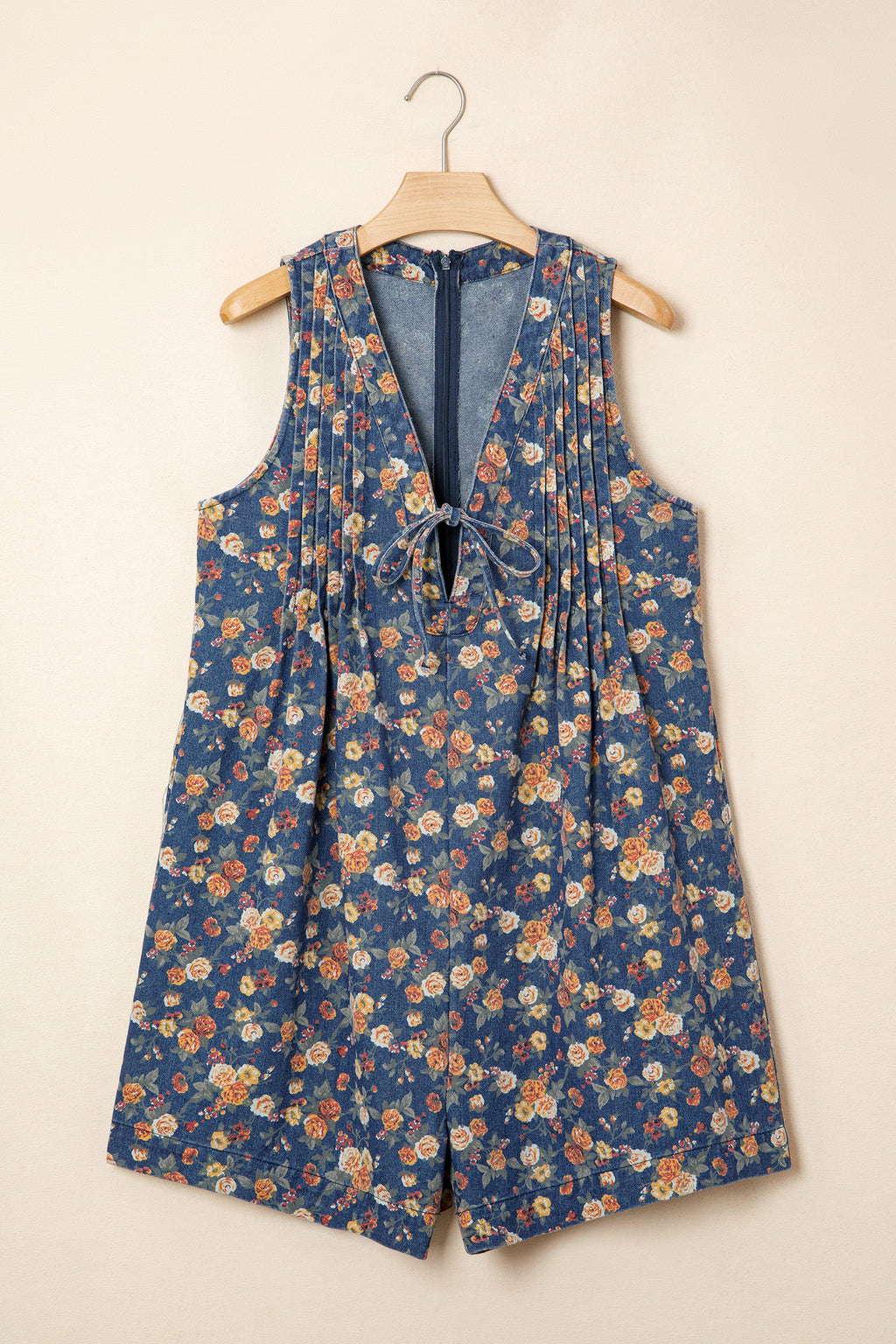 Floral Denim Bow Tie V-Neck Romper