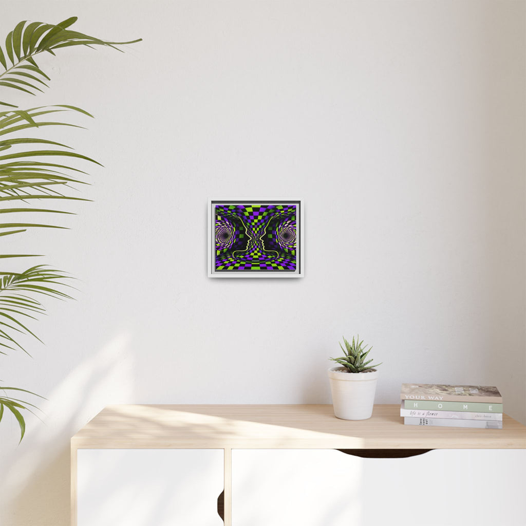 Framed Psychedelic Illusion Art Print — Abstract Checkerboard Faces (Purple & Green)