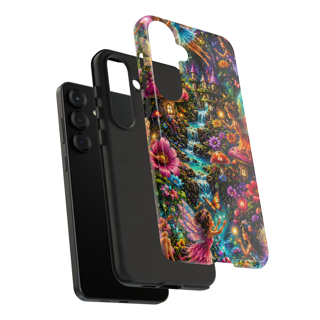 Fairy Garden Tough Phone Case — Whimsical Cottage, Waterfall & Mushroom Artwork